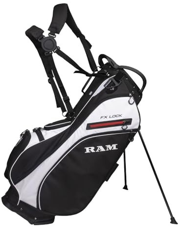 Ram Golf FX-LOCK Stand Bag with 14-Way Silent Lock-In Divider Top, 8 Pockets, Dual Strap, EVA Hip Pad & Auto-Deploy Stand — Lightweight 3.4 kg Carry Bag for Men & Women Black/White
