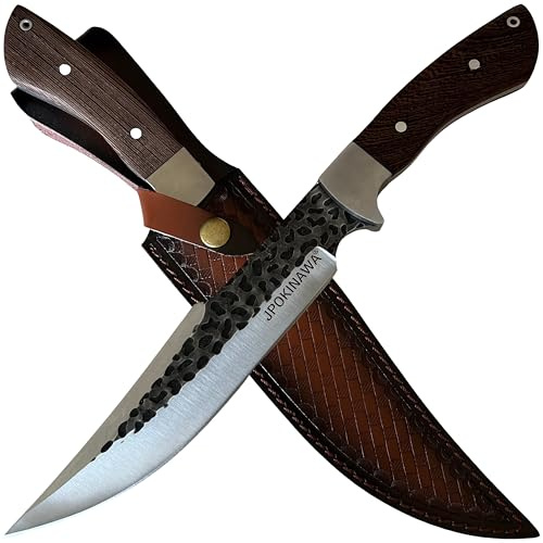 JPOKINAWA 34,6cm【Manico in legno di wengé】 Coltello da caccia forgiato a mano - Lama in acciaio al carbonio con durezza 58 HRC e costruzione a codolo intero fulltang, include fodero in pelle bovina