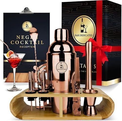 Cocktail Shaker Set 16-teilig – Barkeeper Set mit 750ml Edelstahl Shaker, Bambusständer, Rezeptheft, Cocktailpestle, Messbecher, Sieb, Eiszange & Barzubehör – Profi Bar Set für Zuhause, Rose