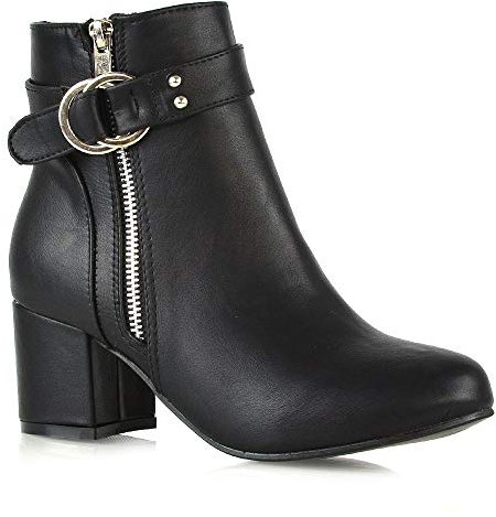 ESSEX GLAM Womens Ankle Boots Block Low Mid Heel Ladies Zip Buckle Strap Smart Booties Shoes