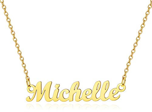 Custom4U Damen Halskette mit Namen Michelle in Carrie Stil Namenskette Gold Kette Edelstahl Namensketten für Damen/Frauen 45cm+5cm für Freundin, Mutter, Schwester