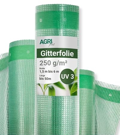 AGRI plus Gitterfolie 250 g/m² I 3 x 3 m I UV-beständige & reißfeste Gartenfolie mit Nagelrand I Lichtdurchlässig & wetterfest I Transparente Folie für Gewächshaus, Frühbeet & Außeneinsatz
