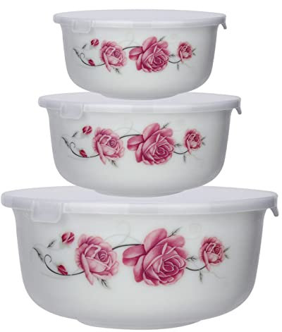 TriStar Enterprises Glass Bowls with Lids White Set of 3 Opal Serving Storage Bowl Nesting Salad Food Stackable for Meal Prep Leftovers Baking Cooking Kitchen, Microwave Dishwasher Safe (Pink Floral)