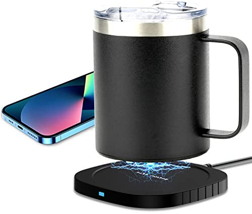 TIGPOW Coffee Mug Heated Set with Double-Layer 18/8 Stainless Steel,Wireless Charging Function,Self Heating Coffee Mug for Desk,Appreciation Gifts(Black 12oz)