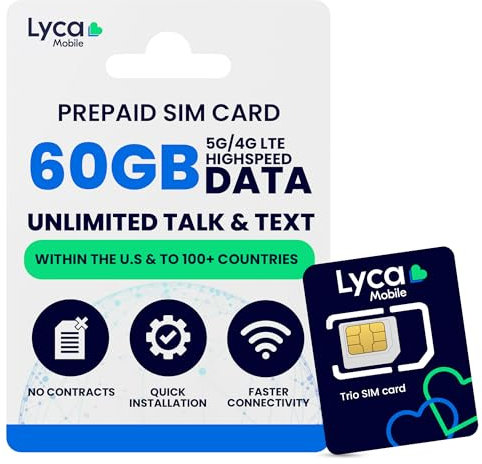 Lycamobile 90-Tage-Prepaid-SIM-Karte für Mobiltelefone, 60 GB Highspeed-4G-LTE/5G-Daten, Internationale Gespräche und SMS in über 100 Länder, schnelle Aktivierung, 3-in-1-Dreifachschnitt