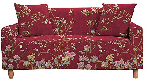 Highdi Vogel Blume Muster Sofabezug Sofaüberwürfe für 1/2/3/4 Sitzer, Armlehnen Sofa Cover Elastisch Stretch Antirutsch Sofa Cover Sofahusse Couchbezug Möbelschutz (Rot,2 Sitzer)