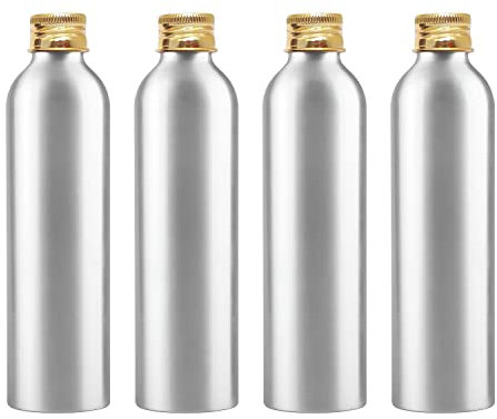 ZEOABSY 4 Pièces Argent Flacon Aluminium Vides 250 ML, Bouteille en Aluminium avec Bouchon en Aluminium Fileté Or pour Cosmétique Shampooing Salle de Bains Hôtel Voyage Rechargeables