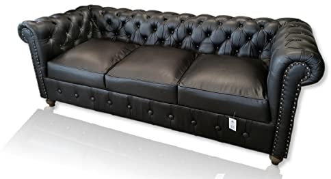 DARO DEKO Chesterfield Sofa 3-Sitzer Echt Leder schwarz 205 x 85 x 75cm Wohnzimmer-Möbel Büro Vintage Polstermöbel