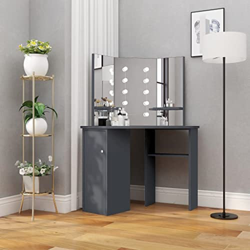 Hommdiy Eck-Schminktisch Schminktisch mit LED Beleuchtung, MDF Holz Frisiertisch Kosmetiktisch Holzwerkstoff Grau