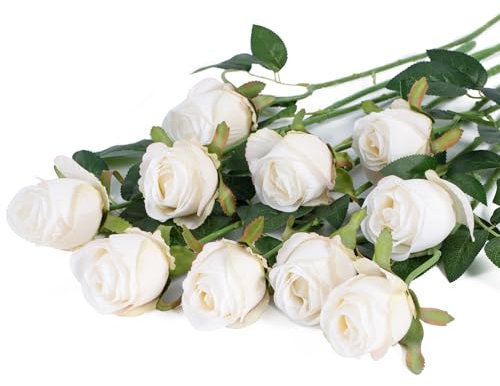 DuHouse 10pcs Artificial Silk Roses Flowers Single Long Stem Fake Rose Bouquet for Wedding Home Party Decoration Centerpieces(White)