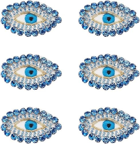 FINGERINSPIRE 6 Stück Ägypten böse Auge Patch 35x54mm blau Gold Glas Strass Applique Patch Auge Form Exquisite Bestickt nähen auf Patches mit Filz zurück für Kleidung Rucksäcke Verschönerung