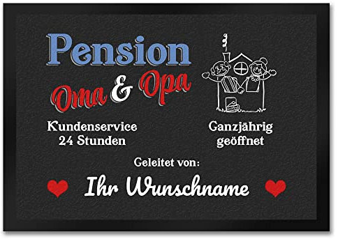speecheese Pension Oma und Opa Fußmatte - personalisiert mit den Namen deiner Großeltern - als individuelle Dekoration für das Hotel von Omi und Opi die Dich Immer mit offenem Herz Willkommen heißen