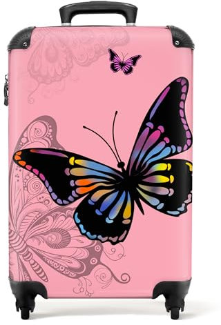 NoBoringSuitcases.com® Valises, Bagages a Main Cabine 55x35x25 10kg, Luggage, Suitcase, Rigides 4 roulettes, De Voyage, Cadenas Avion, Ultra légère, Poignée Extensible, Fond Rose Papillon