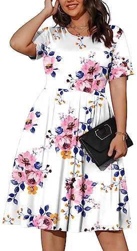 POSESHE Damen-Sommerkleid in Übergröße 2023, lässig, kurzärmelig, Empire-Taille, lockere Passform, Swing-T-Shirt-Kleid mit Taschen