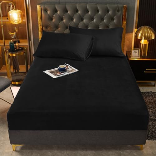 Kuschel Spannbetttuch 180x200cm Samt Fleece Schwarz Winter Samt Fleece Flausch Frottee Spannbetttücher Biber Spannbetttücher 180 Leintuch für Hohe Matratze bis 25-30 cm