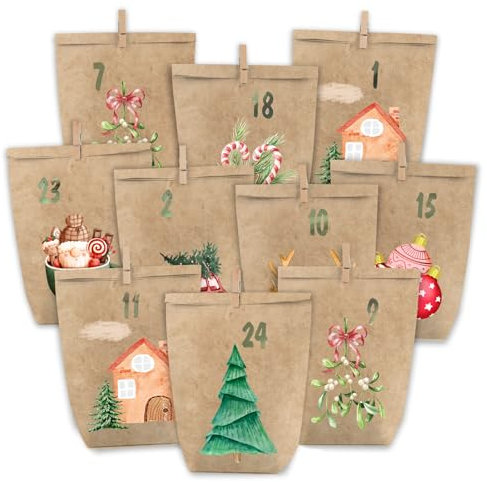 PANSIBY Adventskalender zum Befüllen, 24 Weihnachtskalender Papiertüten zum Selbstbefüllen, Geschenk Kraftpapiertüten Advents Tüten in Aquarell Selber Befüllen