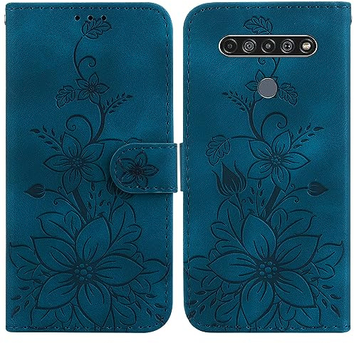 BLOTECH Schutzhülle für LG K61 Hülle Leder,Handyhülle für LG K61,Stoßfeste Handytasche Magnetisch Prägung Flip Blumen PU Leder Tasche Wallet Case für LG K61,Blau