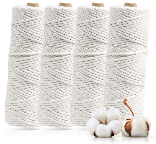 AUAUY Hilo Macrame 3mm X 100m, 4Pz Beige Cuerda Macrame 3mm, Cuerda Macrame 4 Hilos de Cuerda de AlgodóN, Hilos Macrame, Cuerda Algodon Hilo de Macrame para Macrame Pared, Cesta Regalo, AtrapasueñOs