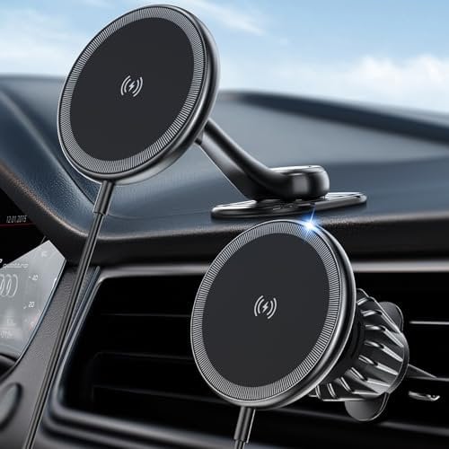 Yootech Mag-Safe Car Mount Charger, Wireless Charger for iPhone 15 14 13 12 Series, Magnetic Phone Holder for Air Vent and Dashboard With Dual Port USB C Fast Charge Adapter