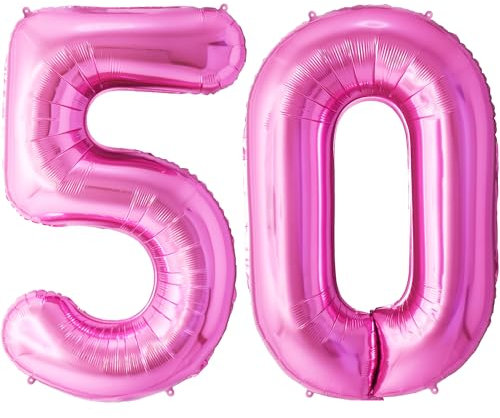 FUNFEST 100 cm rosa Luftballons zum 50. Geburtstag – Geburtstagsballon-Dekoration – inklusive XL-Ballon zum 50. Geburtstag und Strohhalm – Heliumfliegen