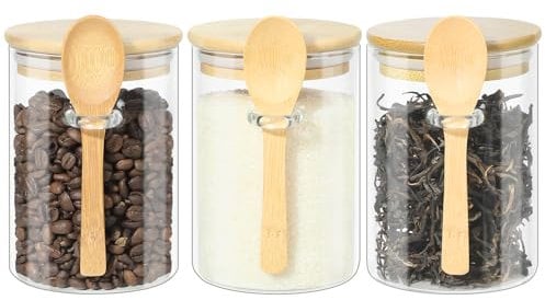 YUEYEE Bocaux en verre avec couvercles et cuillères,boîtes à thé,café et sucre Bocaux en verre avec couvercles hermétiques pour thé,café,sucre,sel et les épices 3x600ml