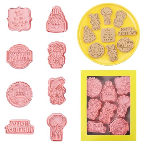 TONAUP Happy Birthday Cookie Cutter, 8PCS Plastic Cookie Stamps for Baking, Cookie Pressing Cutters Embossing Mold Set for DIY Birthday Party