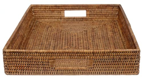 Tablett Rattan Rechteckig - Großes Serviertablett aus natürlichem Rattan mit Griffen & hohem Rand - Rattan Tablett, Korbtablett, Deko Tablett (50x40x8cm)