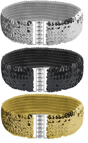 KRYMSON 3 Stück Elastische Paillettengürtel, Damen-Schnallengürtel, Spiegel-Paillettengürtel, Retro-Glitzergürtel, Personalisierter Damengürtel