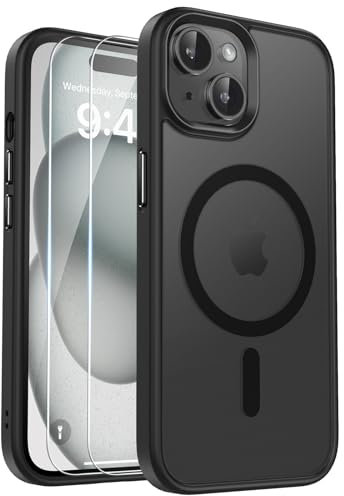 Kmofizle Handyhülle für iPhone 15 Hülle Kompatibel mit Magnet [Stärkste Saugkraft] mit Schutzfolie, [Transluzente Matte Schutzhülle] Stoßfeste Kratzfeste Mattierte Hülle iPhone 15, Schwarz