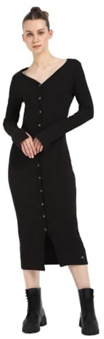 Calvin Klein Women’s Woven Label Ribbed Dress with Button Placket, Black (Ck Black), XS