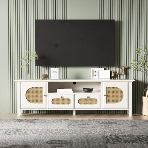 BTM Meuble TV Blanc, Meuble TV en Rotin avec 2 Portes et 2 Tiroirs, Banc TV Convient pour Un téléviseur 70 Pouces, 160x38x50cm, Blanc Chaud et Bois