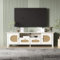 BTM Meuble TV Blanc, Meuble TV en Rotin avec 2 Portes et 2 Tiroirs, Banc TV Convient pour Un téléviseur 70 Pouces, 160x38x50cm, Blanc Chaud et Bois