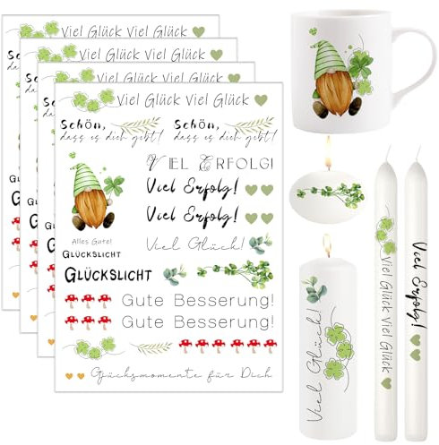 Ronoza® 4 Stück Kerzentattoos Glückslicht, Wasserschiebefolie Kerzen, Kerzenfolie, Kerzensticker, DIY Geschenk, Kerzentattoo, Kerzenaufkleber, Kerzen aufkleber, Kerzen Tattoo (Glückslicht G)