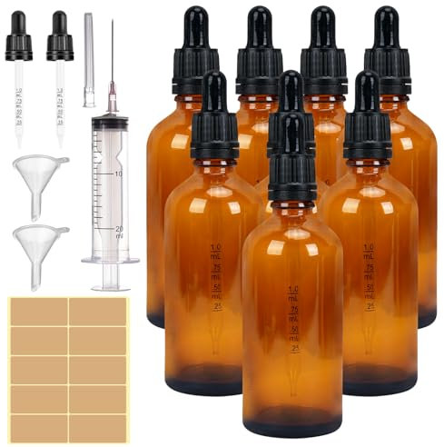 HO2NLE Paquet de 8 Flacons Compte-Gouttes de 100 Ml, Flacons en Verre Vides pour Huiles Essentielles avec Paille et Entonnoir Flacons en Verre Vides Adaptés à La Distribution d'huiles Essentielles