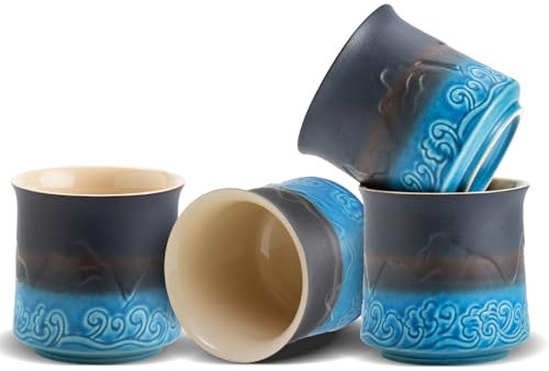 ZENS Japanese Tea Cups Set of 4, 8 oz Embossed Navy Blue Ceramic Tea Cups for Loose or Matcha Tea, No Handles, Traditional Occupied Japan Style, Asian Cups