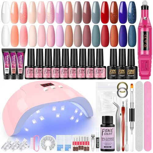 PEACECOLOR Gel Nail Starter Kit with Nail Lamp 36W and Nail Drill 12Colors Gel Nail Polish Set and 3pcs Poly Nail Extension Gel Slip Solution Top and Base Coat Manicure Nail Kits Full Set for Beginner