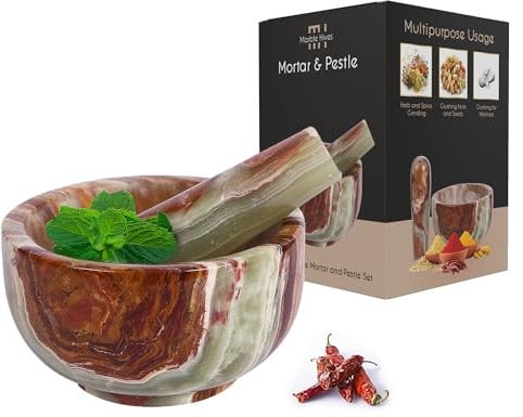 Exquisite Marble Mortar and Pestle Set - Your Ultimate Kitchen Essential for Grinding Spices, Making Guacamole, Salsa, Pesto, and Crushing Pills (Onyx Green, Bowl Shape 5)
