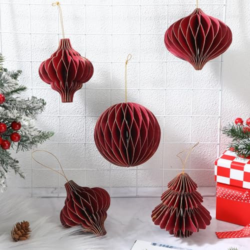 Namalu 12 bolas de adorno de panal de abeja de Navidad con borde brillante, decoración de árbol de Navidad, adorno de papel colgante para árbol de Navidad vintage, decoración de fiesta en el hogar