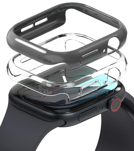 Ringke Slim Compatible con Protector Apple Watch 10 (46mm) No Más Descoloramiento, Funda Sólida Transparente + Case Adicional para Mujer y Hombre - Clear + Dark Gray