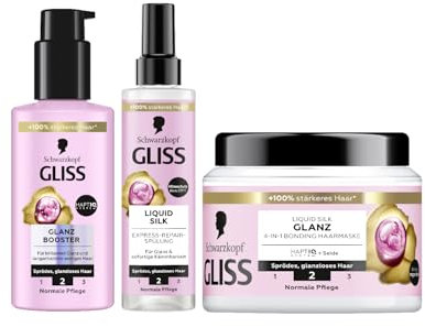 Gliss 4-in-1 Kur Reparatur Liquid Silk (400 ml) mit HaptIQ-System, Haarmaske & Express-Repair-Spülung Liquid Silk (200 ml) Hitzeschutz (230 °C) & Glanz Booster Haarserum (100 ml) brillanter Glanz