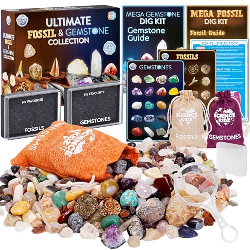 Science Kidz Ultimate Rock Collection Kit - Over 150 Crystals, Gemstones, Fossils, Minerals for Kids - Earth Science Gem Stones Kit - Geology Nature Gifts for Boys & Girls Plus Bonus Amazing TV Rock
