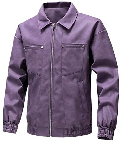 OLEETS Giacca Pelle Uomo - Autunno Uomo Slim Giacche Vintage Capispalla Casual Antivento Caldo Tops Cappotto Moda Semplice Streetwear Tinta Unita, Viola, 3Xl