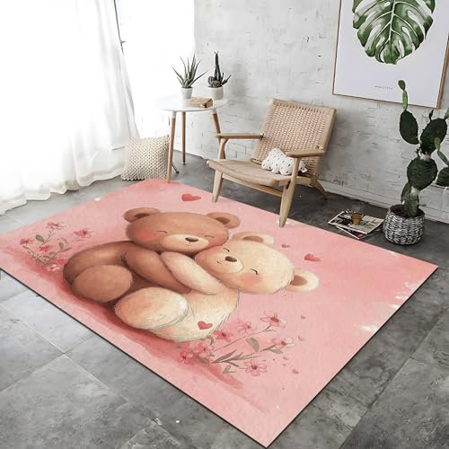 Teppich Kurzflor Cartoon-Aquarell-Teddybär Motiv Wohnzimmer Schlafzimmer Drucken Design Rosa waschbarer Teppich aus Polyester for Teppiche Küche Korridor Dekorativer Teppich 60 x 120 cm
