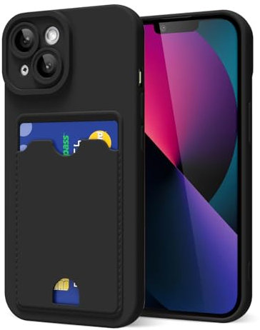 oakxco for iPhone 13 Mini Case with Card Holder, Cute Silicone Wallet Phone Case with Credit Card Slot, Soft Rubber Thin Slim Purse for Women Men with Shockproof Camera Cover Protection, Black