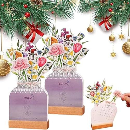 Generisch 2025 Bloomy Flower Kalender, Bloomy Flowers Tischkalender mit Holzsockel, dekorativer Blumenkalender zum Aufklappen für Homeoffice und Schule (2Pcs)