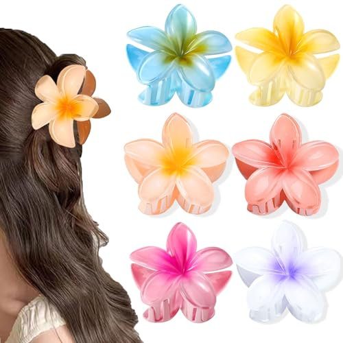 BAISEN 6 pcs Color Flower Hair Clips,3.14 inches Large Hawaiian Flower Claw Clip for Women Thin Thick Curly Hair,Strong Non-slip, Beach Vacation hair accessories for Women Girls (Set 1)