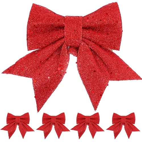 Cabilock 5 Weihnachtsschleifen Rot, 18 x 16 cm Glitzerdeko für Tannenbaum | Vorgeformte rote Festtagsakzente mit glitzernder Oberfläche, für Zweige, Kränze und größere Geschenkarrangements