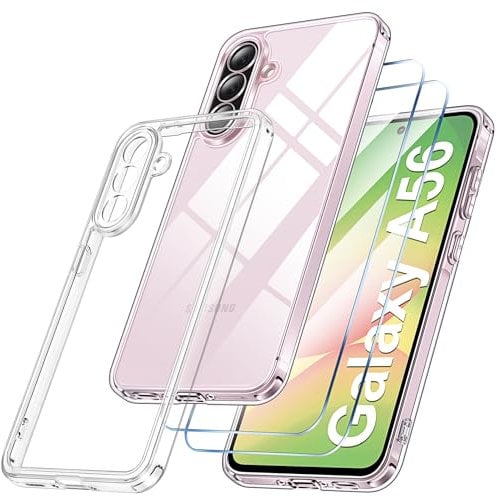 Qasyfanc Handyhülle Kompatibel mit Samsung Galaxy A56 5G Hülle mit Kameraschutz und 2 Stück Schutzfolie, Hard PC Nie Vergilbung Case Transparent Militärschutz Fallschutz Schutzhülle, Klar