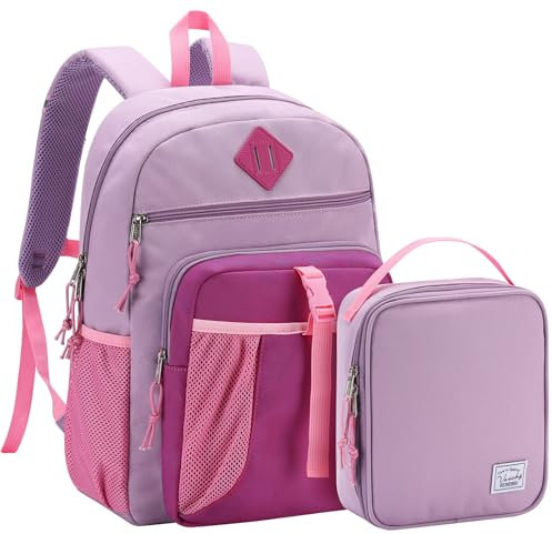 VASCHY Mochila Escolar Niño Niña 2 Piezas, 2 en 1 Sets de Mochila Infantil con Bolsa Almuerzo Mochila Sets de Útiles Escolares para 5-9 Años Juego de Mochila con Bolsa Térmica, Rosa