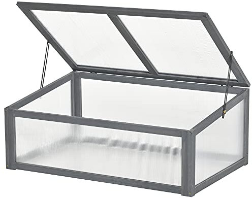 Marco frío de Madera Outsunny, Mini Invernadero 100 x 65 x 40 cm, Invernadero con Cubierta, protección UV, Marco frío translúcido, lecho Elevado a Prueba de Invierno para jardín, Gris